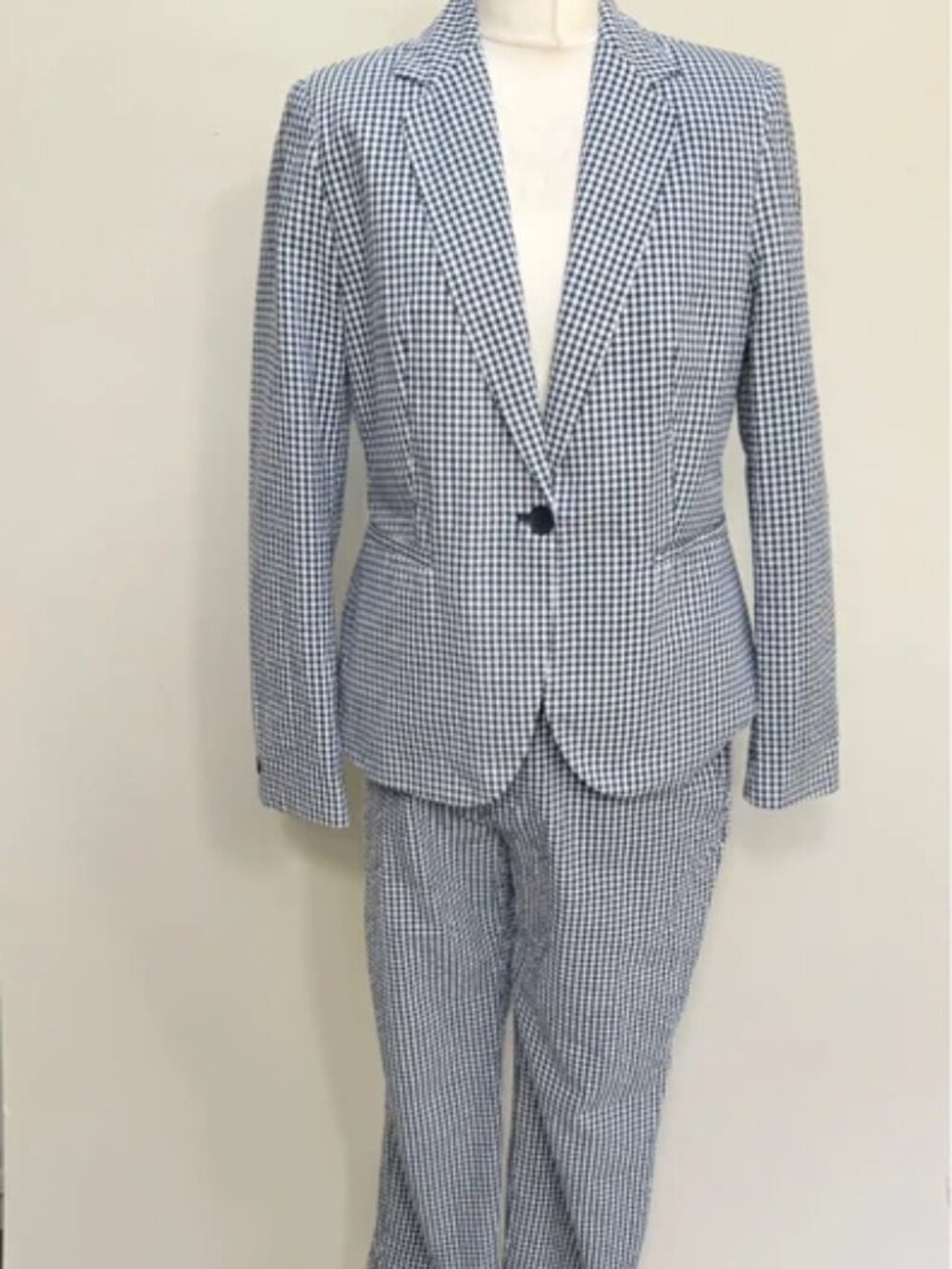 Blue White Gingham Trouser Suit 14 Zara Blazer Straight Leg Smart Workwear